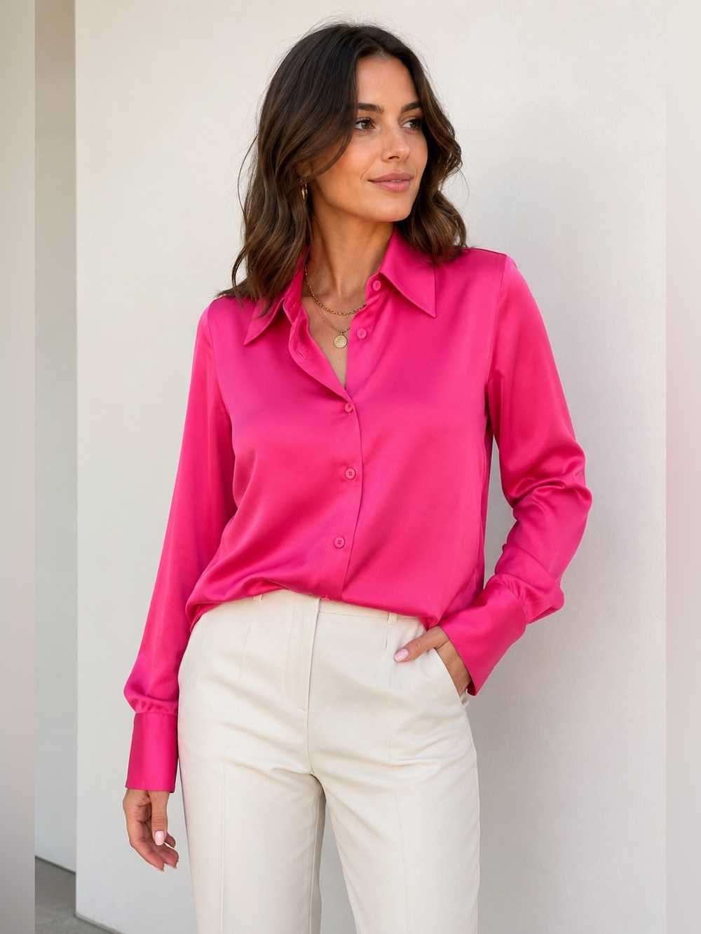 Zara Hot Pink 100% Viscose Long Sleeve Collared Satin Blouse | Size Medium